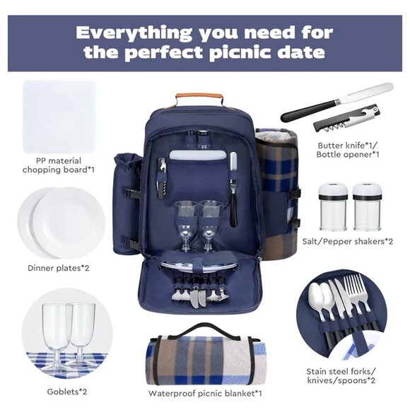 Picnic Backpack for 2 |Picnic Basket |Stylish All-in-One Picnic Bag- insulated - Picture 4 of 16